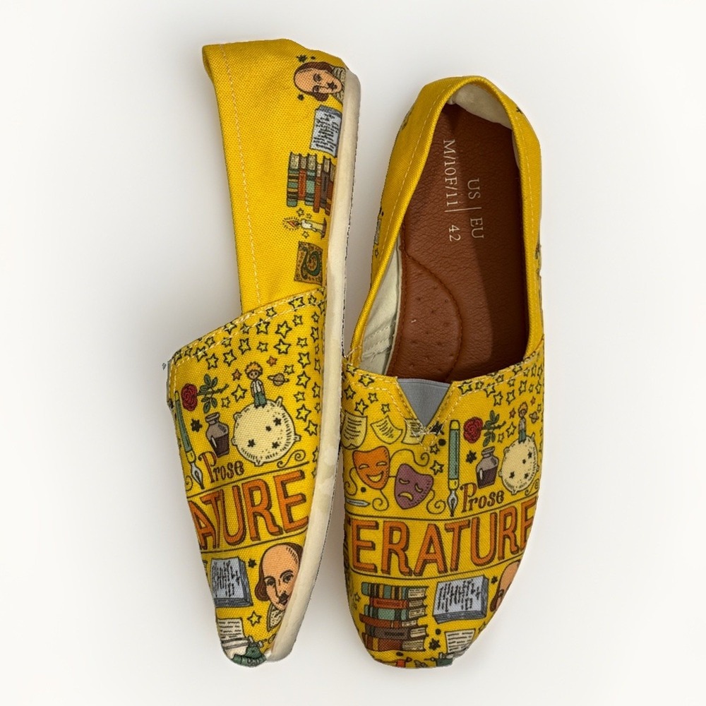 Literature Art Painted Yellow Canvas Slip On Travel Shoes Men 10 Women 11